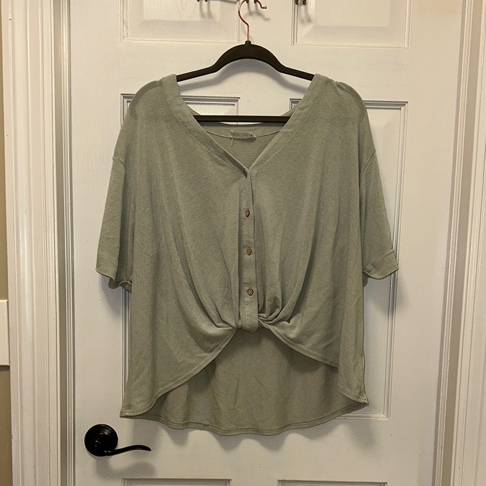 Green Short Sleeve Button Down Blouse with Tie Front